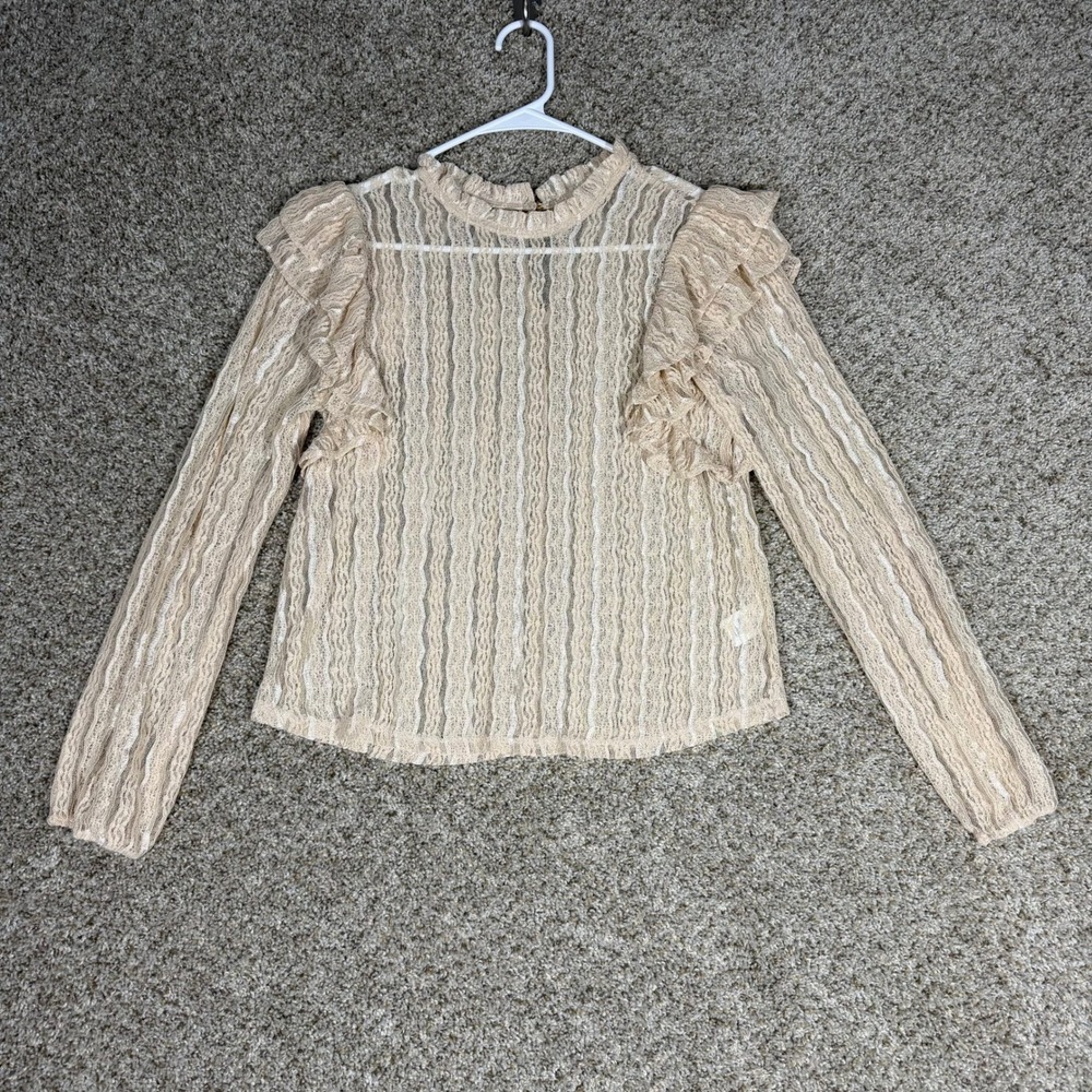 Blashe Womens Sheer Lace Ruffle Blouse Champagne Beige Small Coquette Balletcore